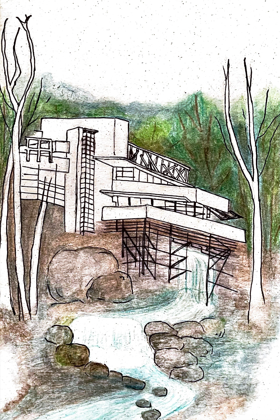 Drawing of Fallingwater, a house designed by architect Frank Lloyd Wright. Black and white line drawing of the building, surrounded by a colorful forest and waterfall.