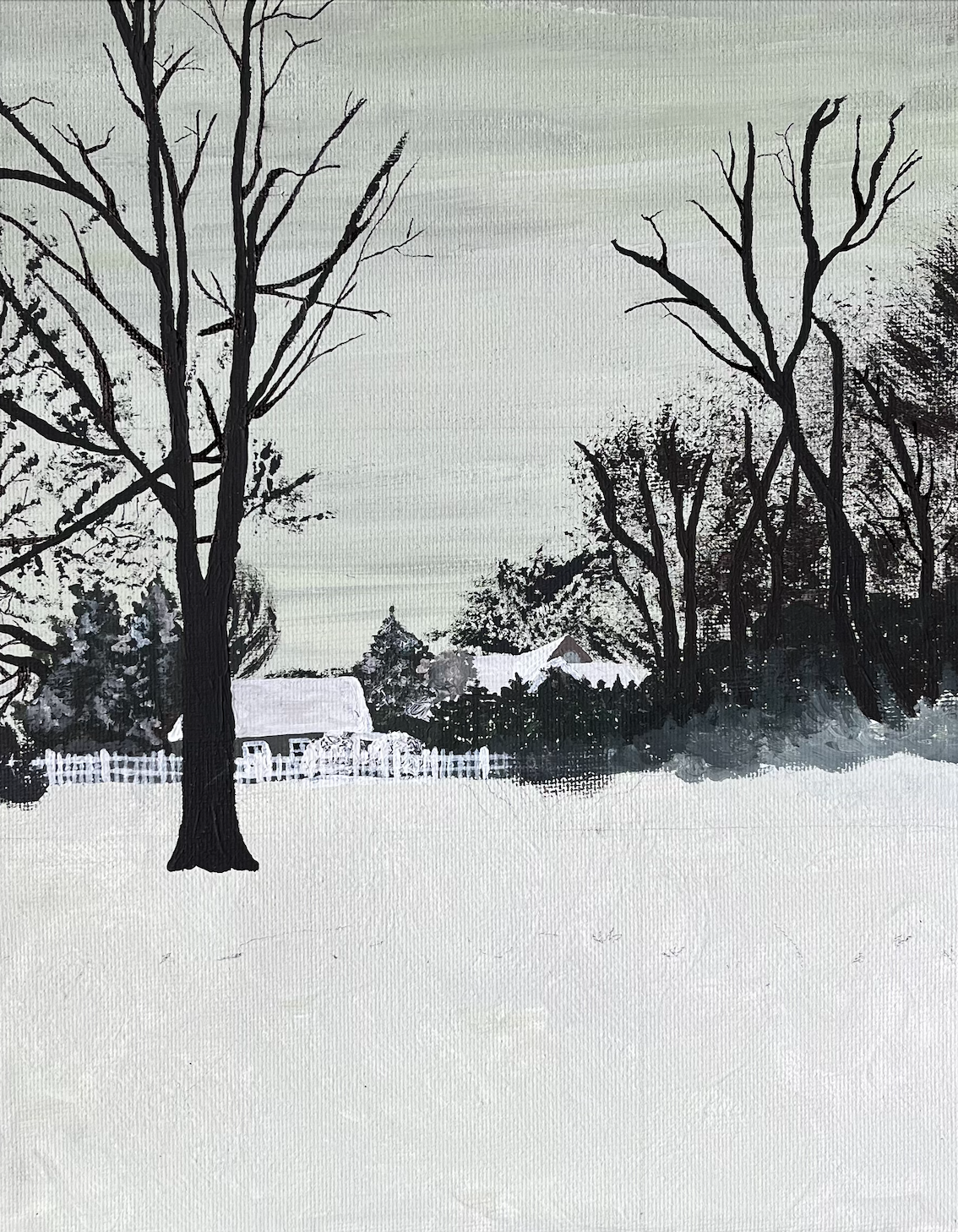 Painting of a snowy field with houses and trees in the background, nighttime, black, white, and gray.